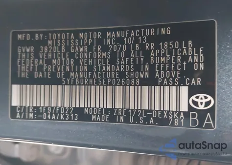 2014 Toyota Corolla S Plus z USA, uszkodzony, nr VIN 5YFBURHE5EP026088